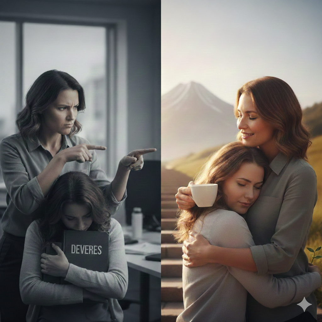 Uma pessoa aprende a tratar a si mesma com gentileza e compreensão, ao invés de cobranças irreais e injustas