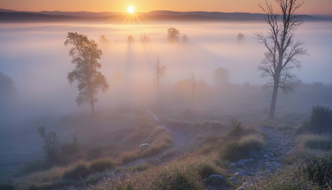 Uma paisagem realista de um nascer do sol dissipando a névoa sobre um campo, simbolizando clareza mental e o fim da incerteza