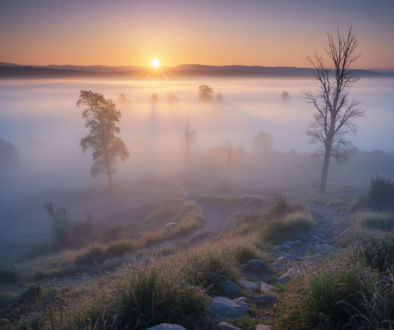 Uma paisagem realista de um nascer do sol dissipando a névoa sobre um campo, simbolizando clareza mental e o fim da incerteza