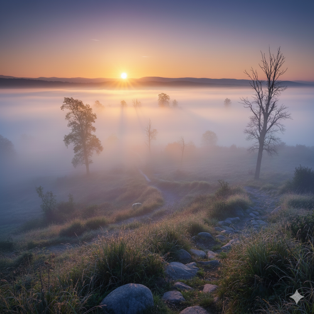 Uma paisagem realista de um nascer do sol dissipando a névoa sobre um campo, simbolizando clareza mental e o fim da incerteza